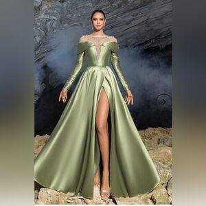 Luxury Beaded Evening Gown with Off-Shoulder Mesh Insert, High Slit Satin Dress
